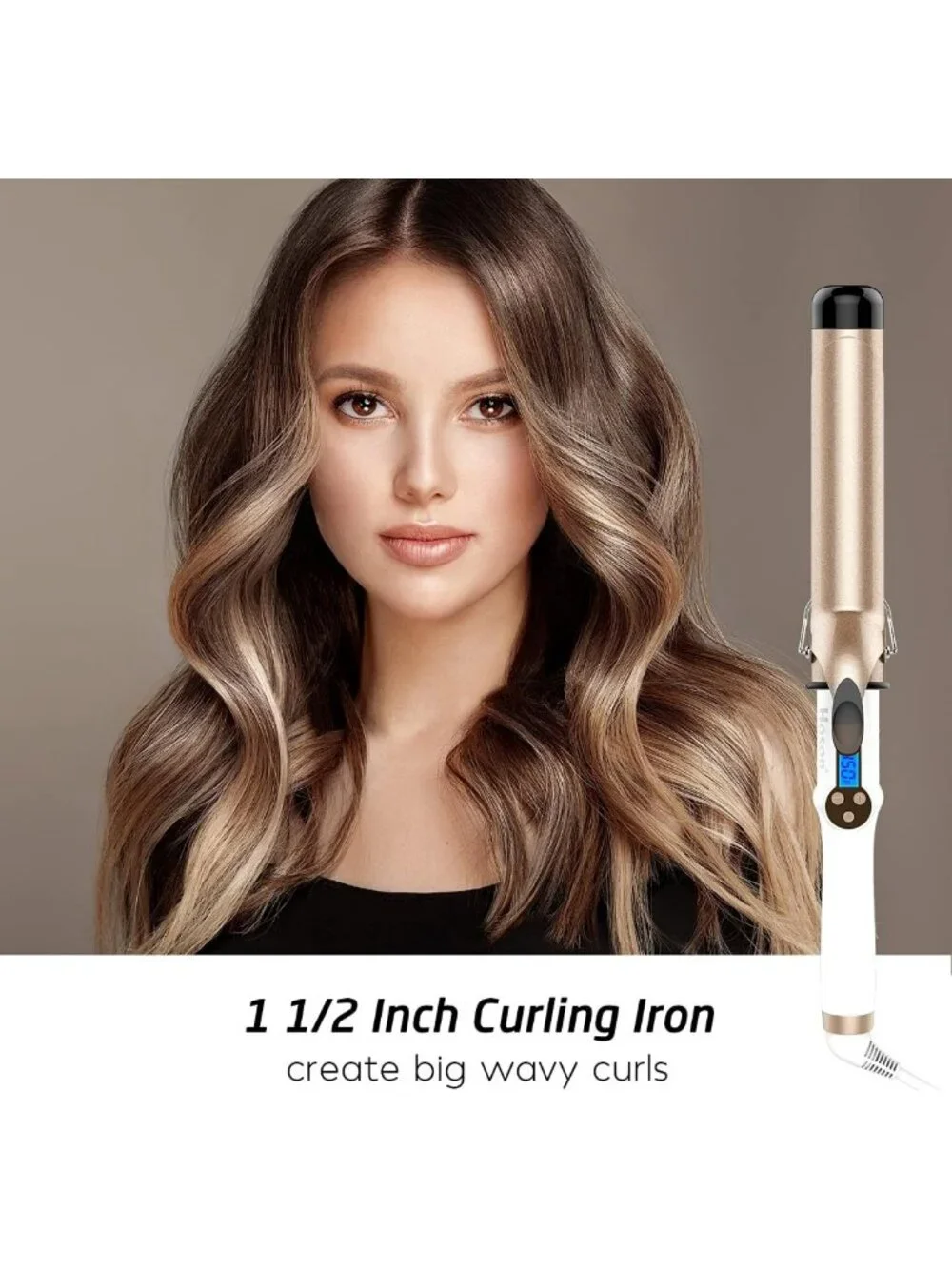 Large Barrel Curling Iron 1.5 Inch - Dual Voltage, Ceramic Tourmaline, LCD